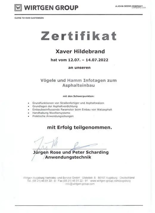 Zertifikat: Vögele und Hamm Infotage zum Asphalteinbau