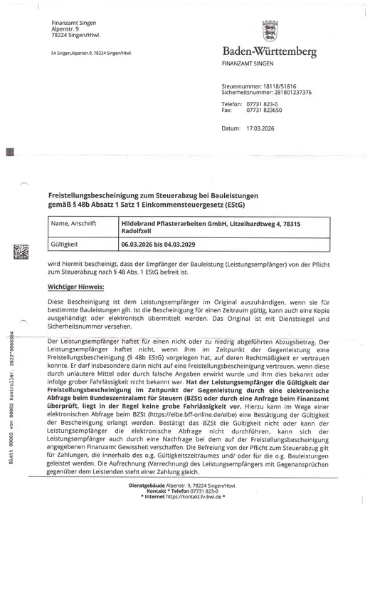 Zertifikat: Freistellungsbescheinigung 2026