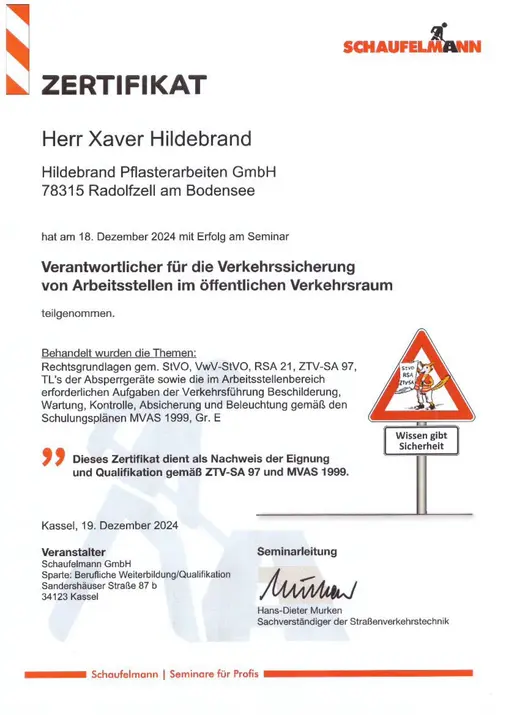 Zertifikat: Verantwortlicher für die Verkehrssicherung von Arbeitsstellen im öffentlichen Verkehrsraum