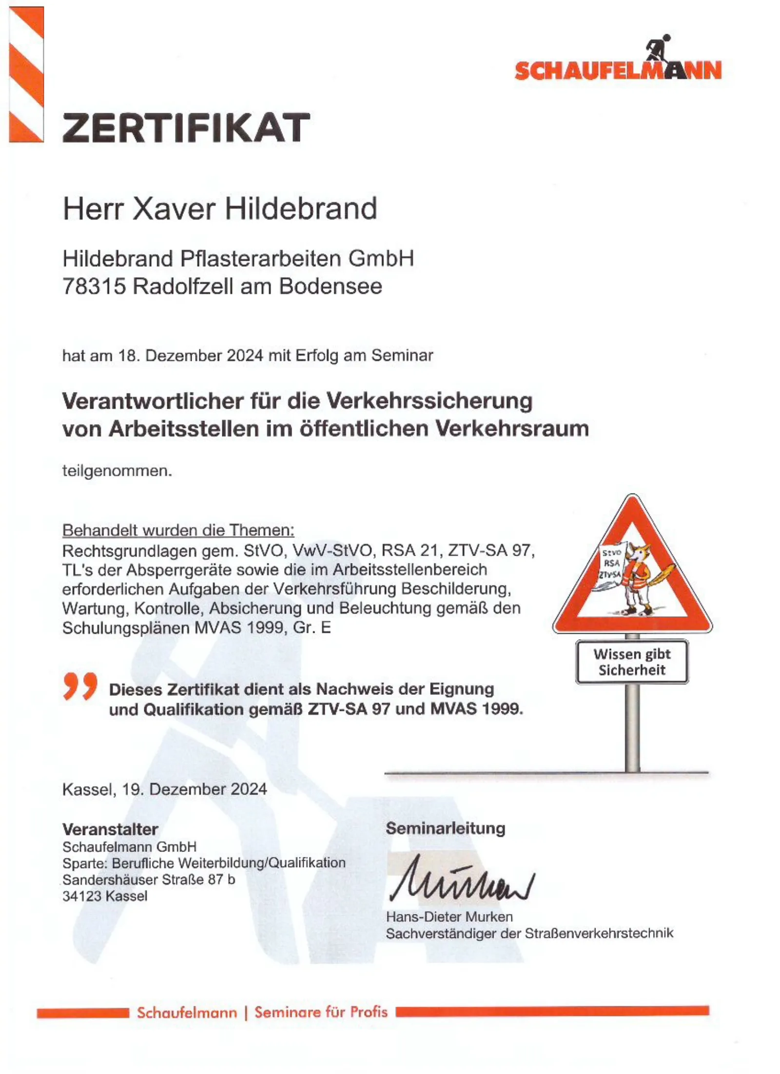 Verantwortlicher für die Verkehrssicherung von Arbeitsstellen im öffentlichen Verkehrsraum – Seite 1